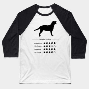 Labrador Retriever Stats - Friendliness, Floofyness, Foodiness, Borkiness Baseball T-Shirt